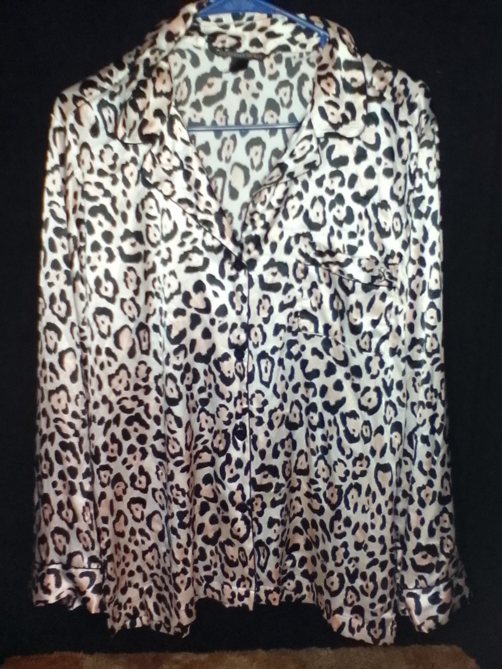 Leopard Satin Button-Up Women's Top - Cream/Black/Pink Medium